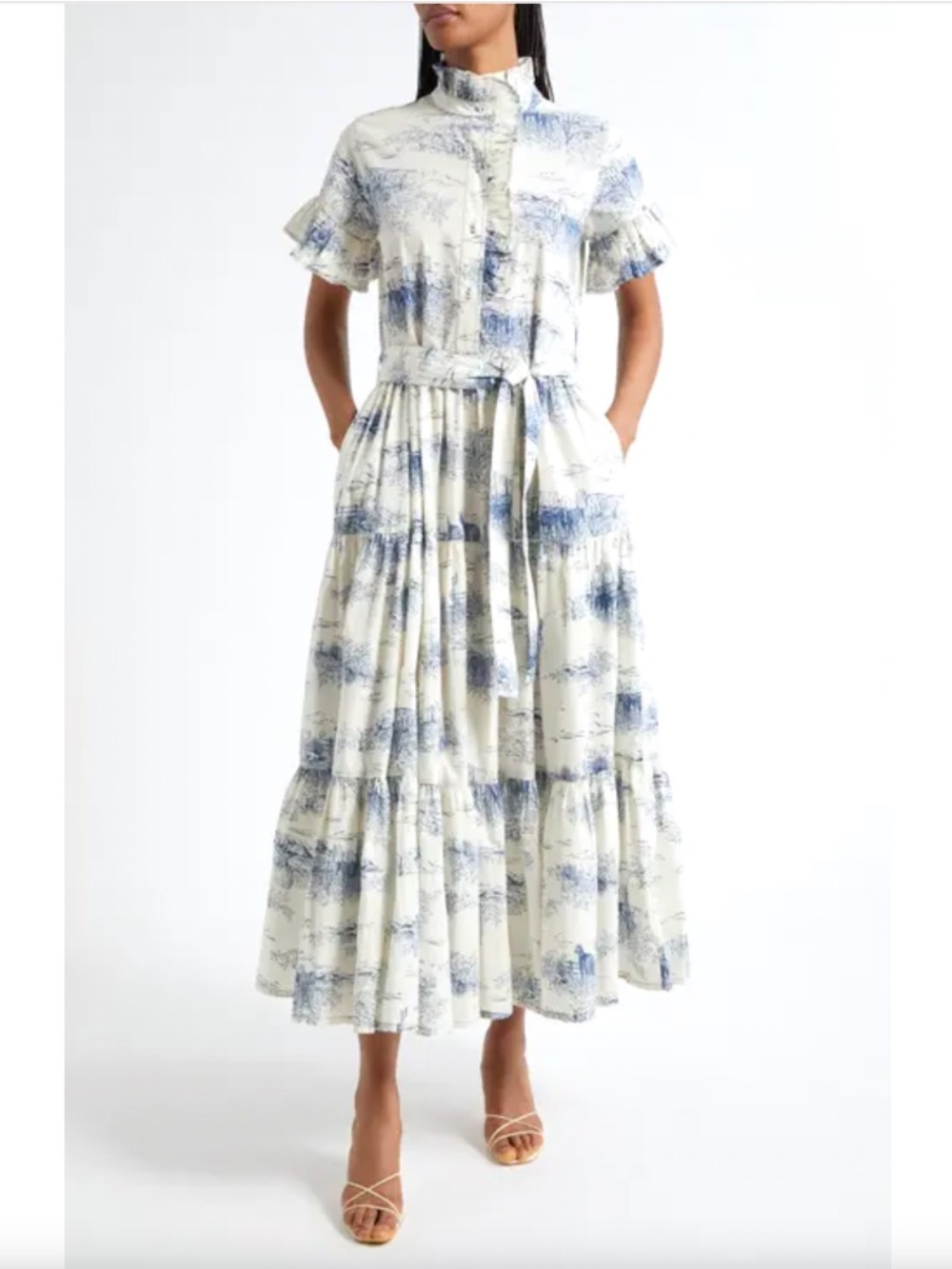 MILLE Victoria Ruffle Front Dress in Cream/Blue  Western Landscape Print - S